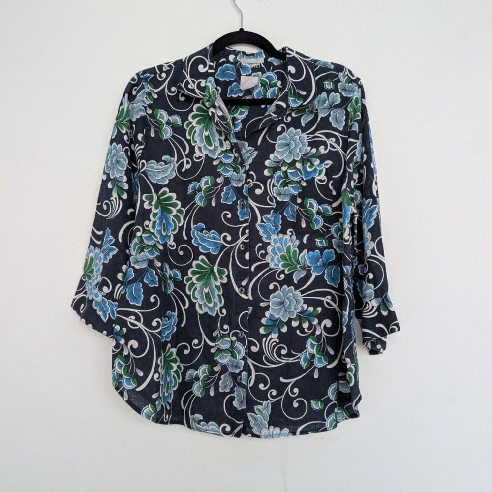 Chico's Linen No Iron FreshChic Floral Boho Button Up Blouse Sz Chico's2/US12/14